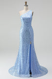 Robe de soirée longue bleue scintillante à une épaule, coupe sirène, à paillettes et avec fente
