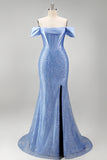 Longue robe de bal de bal bleu sirène sur les épaules décollées, corset perlé et perlée, avec une fente