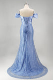 Longue robe de bal de bal bleu sirène sur les épaules décollées, corset perlé et perlée, avec une fente