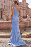 Robe de soirée longue bleue à une épaule perlée avec fente