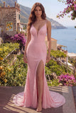 Robe de bal longue de promo avec des bretelles de perles de sirène rose perlées et paillettes