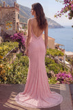Robe de bal longue de promo avec des bretelles de perles de sirène rose perlées et paillettes
