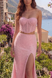 Robe de bal longue de bal en corset 2 pièces à perles de sirène rose perlée