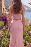 Robe de bal longue de bal en corset 2 pièces à perles de sirène rose perlée