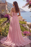 Robe de bal longue de promo à la ligne A-line perlée à perles bretelles Corset appliqué Corset Long avec fleurs 3D