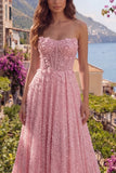 Robe de bal longue de promo à la ligne A-line perlée à perles bretelles Corset appliqué Corset Long avec fleurs 3D