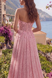 Robe de bal longue de promo à la ligne A-line perlée à perles bretelles Corset appliqué Corset Long avec fleurs 3D