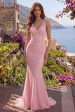 Robe de bal longue de bal en sirène rose à col en V perlée avec des sequins