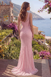Robe de bal longue de bal en sirène rose à col en V perlée avec des sequins