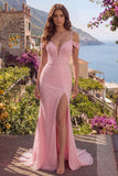 Robe longue de bal à paillettes sirène roses, épaules froides, perles et fendue