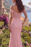 Robe longue de bal à paillettes sirène roses, épaules froides, perles et fendue