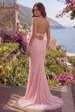 Robe de bal longue robe de bal à col nu rose scintillant à col nu en sirène rose