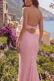 Robe de bal longue robe de bal à col nu rose scintillant à col nu en sirène rose