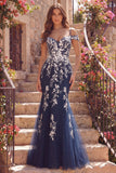 Robe de bal longue de bal en tulle à épaules froides à épaules froides avec des appliques