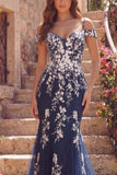 Robe de bal longue de bal en tulle à épaules froides à épaules froides avec des appliques