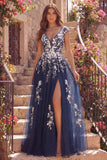 Robe de bal longue en tulle à col en V à fleurs en ligne marine