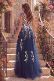 Robe de bal longue en tulle à col en V à fleurs en ligne marine