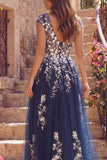 Robe de bal longue en tulle à col en V à fleurs en ligne marine