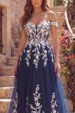 Robe longue de bal longue en tulle à traînes A à épaules dénudées,