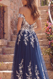Robe longue de bal longue en tulle à traînes A à épaules dénudées,