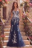 Robe longue de bal à fleurs Sirène bleu marine avec des appliques