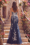 Robe longue de bal à fleurs Sirène bleu marine avec des appliques