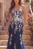 Robe longue de bal à fleurs Sirène bleu marine avec des appliques
