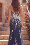 Robe longue de bal à fleurs Sirène bleu marine avec des appliques