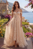 Corset A-Line Champagne dénudé sur les épaules Robe longue de bal avec des appliques