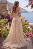 Corset A-Line Champagne dénudé sur les épaules Robe longue de bal avec des appliques