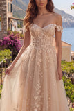 Corset A-Line Champagne dénudé sur les épaules Robe longue de bal avec des appliques