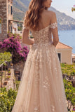 Corset A-Line Champagne dénudé sur les épaules Robe longue de bal avec des appliques