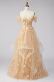 Corset fleuri décollé en Champagne Longue robe de bal avec volants