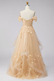 Corset fleuri décollé en Champagne Longue robe de bal avec volants
