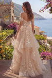 Corset fleuri décollé en Champagne Longue robe de bal avec volants