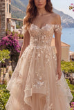 Corset fleuri décollé en Champagne Longue robe de bal avec volants