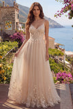 Robe longue de bal longue en tulle en ligne A en champagne avec appliqués