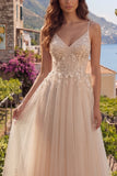 Robe longue de bal longue en tulle en ligne A en champagne avec appliqués