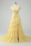 Robe Maxi en escalier en mousseline chiffon jaune A-line à fronçons découverte avec fente