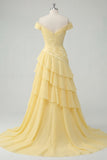 Robe Maxi en escalier en mousseline chiffon jaune A-line à fronçons découverte avec fente