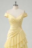 Robe Maxi en escalier en mousseline chiffon jaune A-line à fronçons découverte avec fente