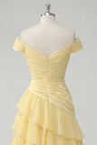 Robe Maxi en escalier en mousseline chiffon jaune A-line à fronçons découverte avec fente