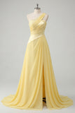 Robe Maxi jaune beurre en mousseline A-Line à une épaule froncée avec fente