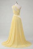 Robe Maxi jaune beurre en mousseline A-Line à une épaule froncée avec fente