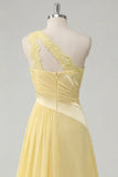Robe Maxi jaune beurre en mousseline A-Line à une épaule froncée avec fente