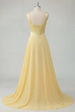 Robe Maxi corset en chiffon jaune beurre à col carré A-Line