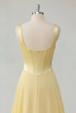 Robe Maxi corset en chiffon jaune beurre à col carré A-Line