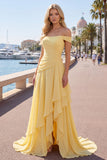 Robe maxi jaune A-line à fête en chiffon chiffon dénudé