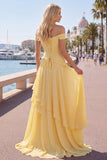Robe maxi jaune A-line à fête en chiffon chiffon dénudé