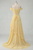 Robe maxi jaune A-line à fête en chiffon chiffon dénudé